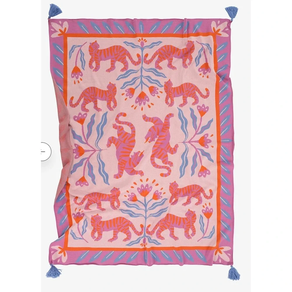 Jotex ROAR Tiger Throw Blanket Pink Organic Cotton Knit 50x62 India